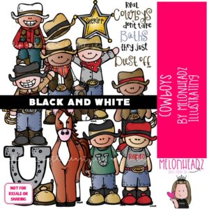 Cowboy clip art, western, horse BLACK AND WHITE