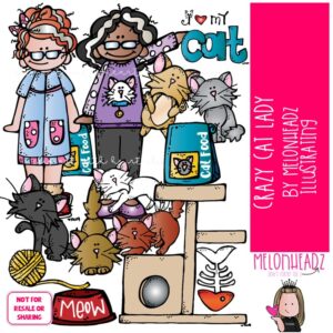 Crazy Cat Lady clip art, pet, kitty COLORED Version