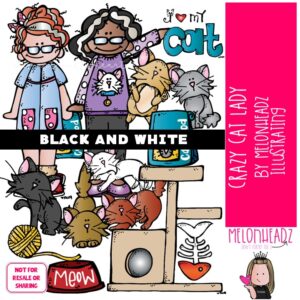 Crazy Cat Lady clip art, pet, kitty BLACK AND WHITE