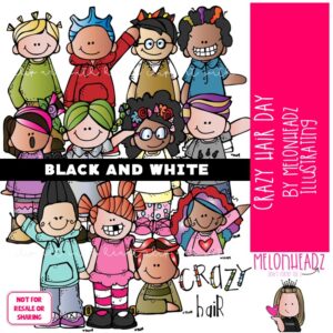 Crazy Hair Day clip art, school spirit, celebration BLACK AND WHITE