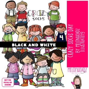 Crazy Sock Day clip art, School Spirit, celebration BLACK AND WHITE