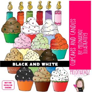 Cupcakes and Candles clip art, birthday, dessert BLACK AND WHITE