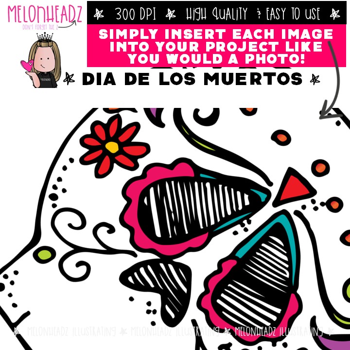 Dia De Los Muertos clip art, Day of the dead, skeleton, skull COLORED Version - Image 3