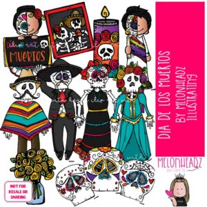 Dia De Los Muertos clip art, Day of the dead, skeleton, skull COLORED Version