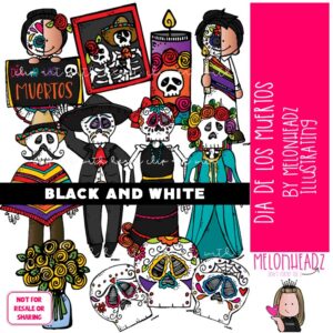 Dia De Los Muertos clip art, Day of the dead, skeleton, skull BLACK AND WHITE