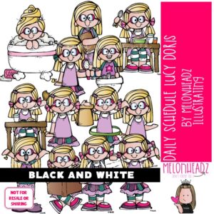 Daily Schedule clip art, Lucy Doris, Melonheadz Character BLACK AND WHITE