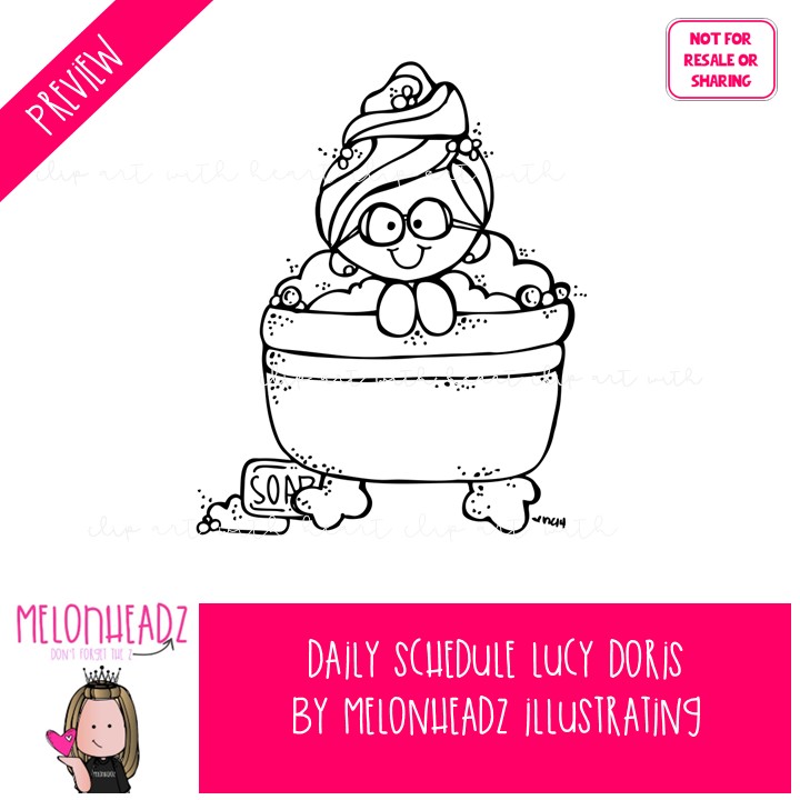 Daily Schedule clip art, Lucy Doris, Melonheadz Character BLACK AND WHITE - Image 2