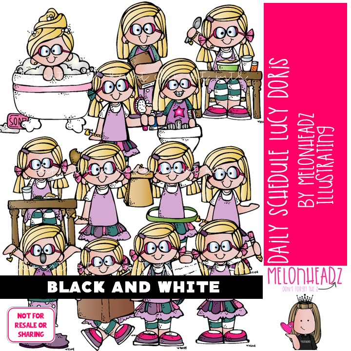 Daily Schedule clip art, Lucy Doris, Melonheadz Character BLACK AND WHITE