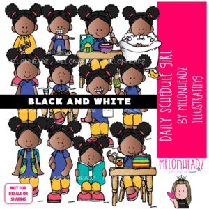 Daily Schedule clip art, girl, task, sequence BLACK AND WHITE