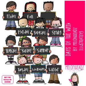 Days of the Week clip art, kidlettes, seasons COLORED Version