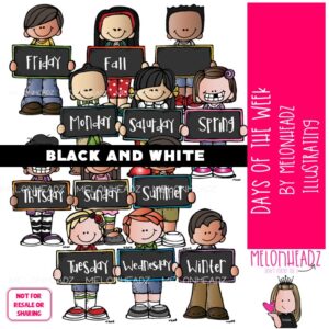 Days of the Week clip art, kidlettes, seasons BLACK AND WHITE