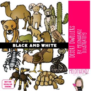 Desert Dweller Animals clip art, camel, scorpion BLACK AND WHITE