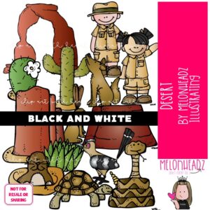 Desert Habitat clip art, landform, animal BLACK AND WHITE