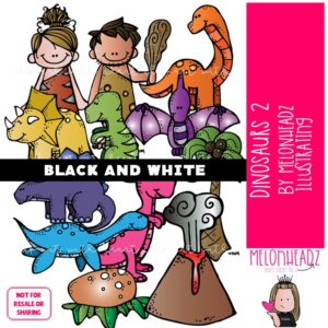 Dinosaurs 2 clip art, caveman, volcano BLACK AND WHITE