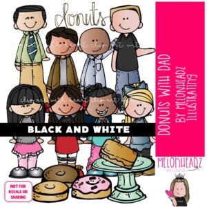 Dads with Donuts clip art, daughter, school celebration BLACK AND WHITE