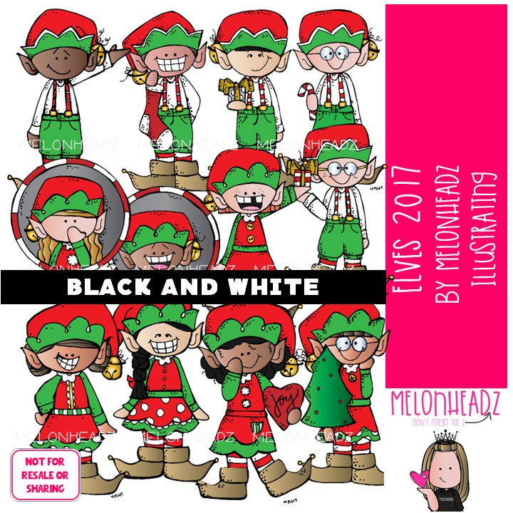 Elves clip art 2017, Christmas clip art BLACK AND WHITE