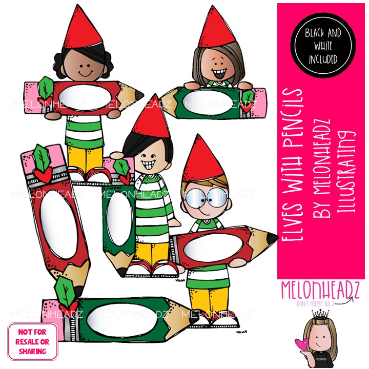 Elves with Pencils clip art, Christmas clip art Mini