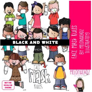 Face Mask Rules clip art, social distance, virus protection BLACK AND WHITE