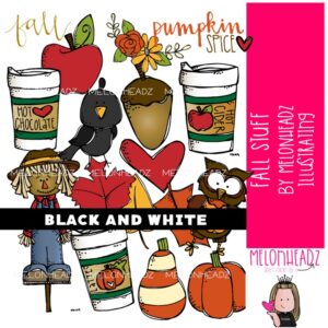 Fall Stuff clip art, leaves, pumpkin BLACK AND WHITE