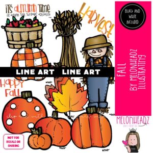 Fall clip art, scarecrow, pumpkin LINE ART and black and white