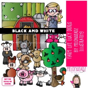 Farm Life clip art, Lucy Doris, Melonheadz Characters BLACK AND WHITE