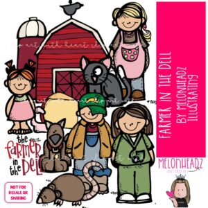 Farmer in the Dell clip art, nursery rhyme, song COLORED Version