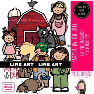 Farmer in the Dell clip art, nursery rhyme, song LINE ART and BLACK AND WHITE