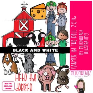Farmer in the Dell 2016 clip art, nursery rhyme, song BLACK AND WHITE