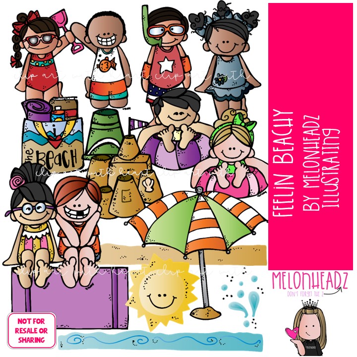 Feelin Beachy clip art, sandcastle, swim COLORED Version