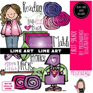 First Grade clip art, school, teacher LINE ART and BLACK AND WHITE