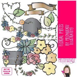 Floral Pieces clip art, wreath, banner COLORED Version