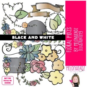 Floral Pieces clip art, wreath, banner BLACK AND WHITE