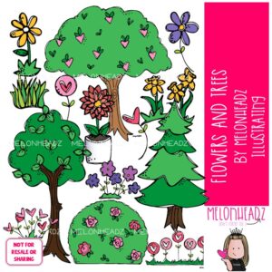 Flowers and Trees clip art, background pieces, shrub COLORED Version