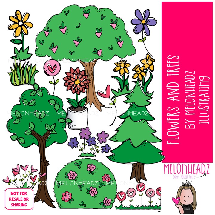 Flowers and Trees clip art, background pieces, shrub COLORED Version