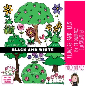 Flowers and Trees clip art, background pieces, shrub BLACK AND WHITE