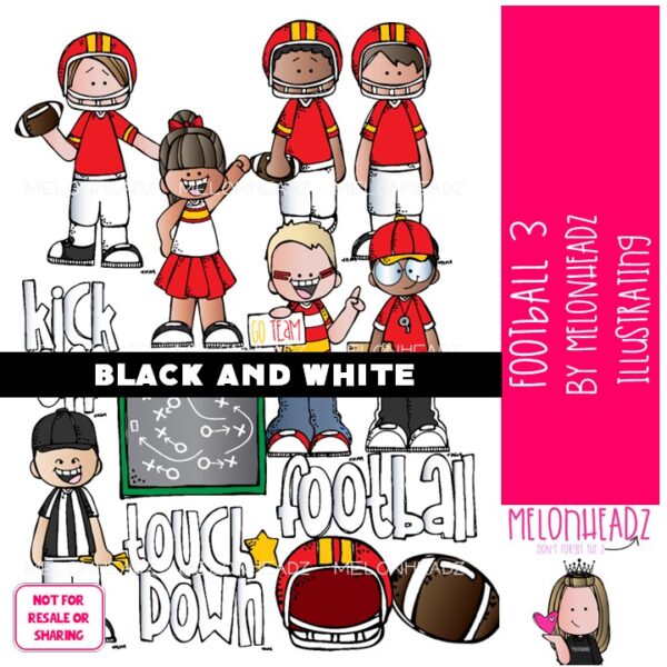 Football 3 clip art, sport, cheerleader BLACK AND WHITE - Melonheadz