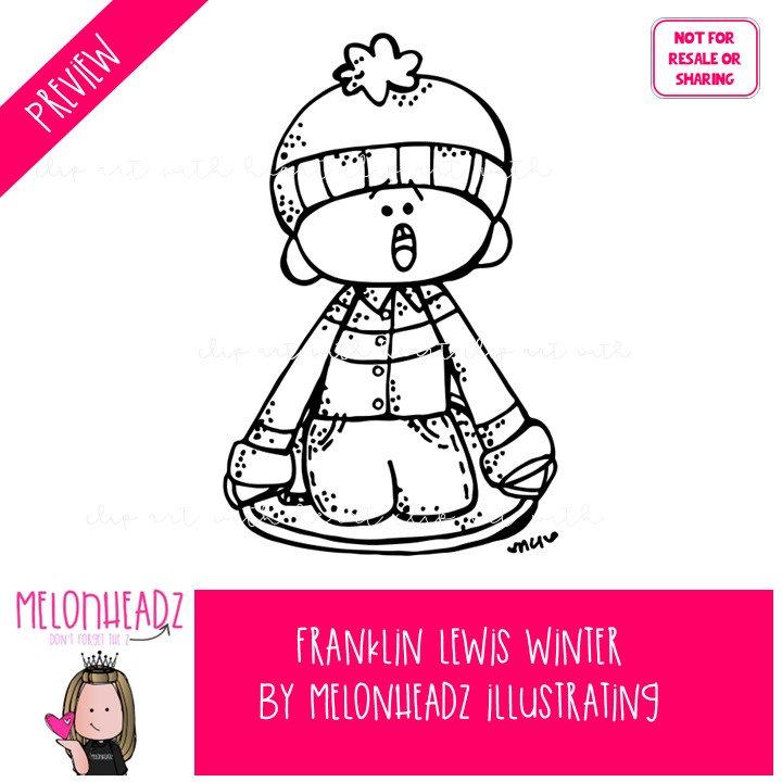 Winter clip art, Franklin Lewis clip art, Melonheadz Characters BLACK AND WHITE - Image 2