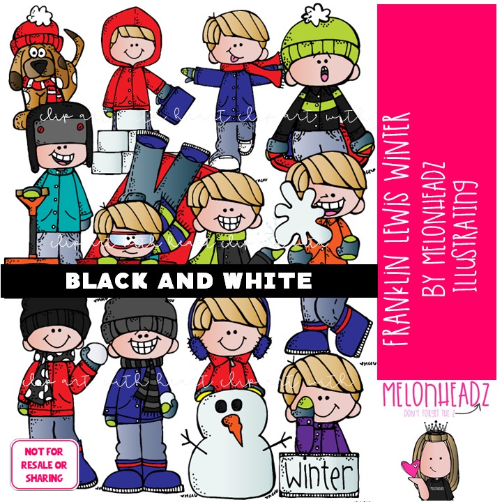 Winter clip art, Franklin Lewis clip art, Melonheadz Characters BLACK AND WHITE