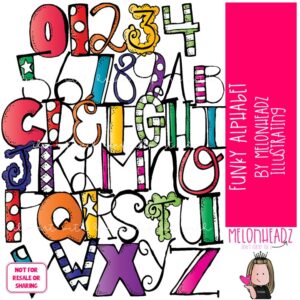 Funky Alphabet clip art, letters, numbers COLORED Version