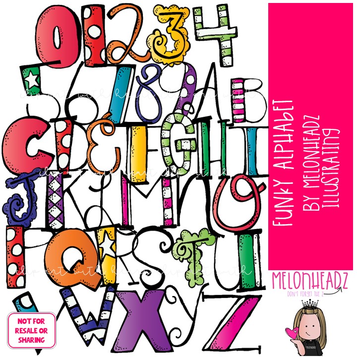 Funky Alphabet clip art, letters, numbers COLORED Version