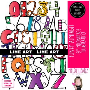 Funky Alphabet clip art, letters, numbers LINE ART and BLACK AND WHITE