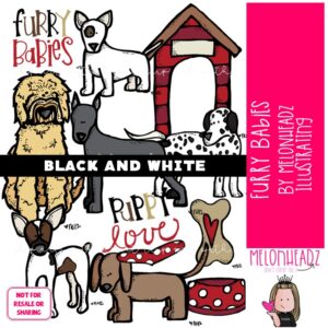 Furry Babies clip art, dog, pet BLACK AND WHITE