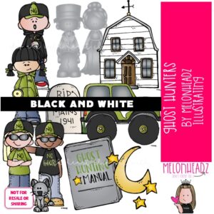 Ghost Hunters clip art, paranormal, Halloween BLACK AND WHITE