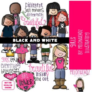 Girls clip art, teenager, unique BLACK AND WHITE