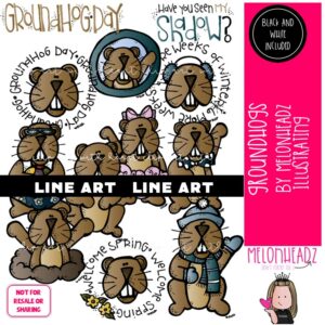 Groundhog Day clip art, button, word art LINE ART and BLACK AND WHITE