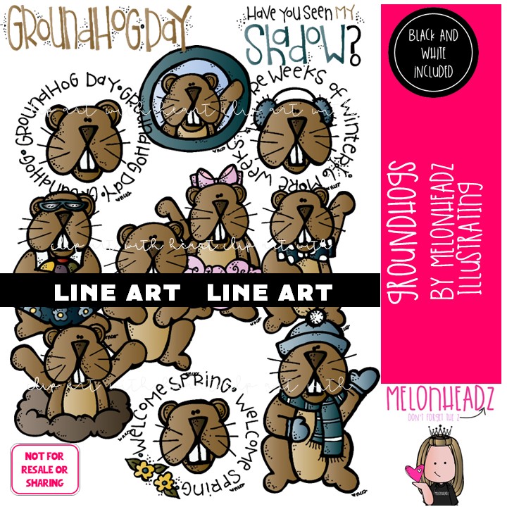 Groundhog Day clip art, button, word art LINE ART and BLACK AND WHITE