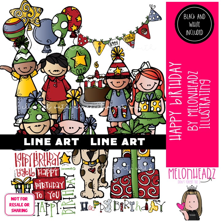 Happy Birthday clip art, party, balloon LINE ART and BLACK AND WHITE
