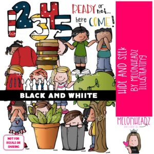Hide and Seek clip art, play, counting BLACK AND WHITE