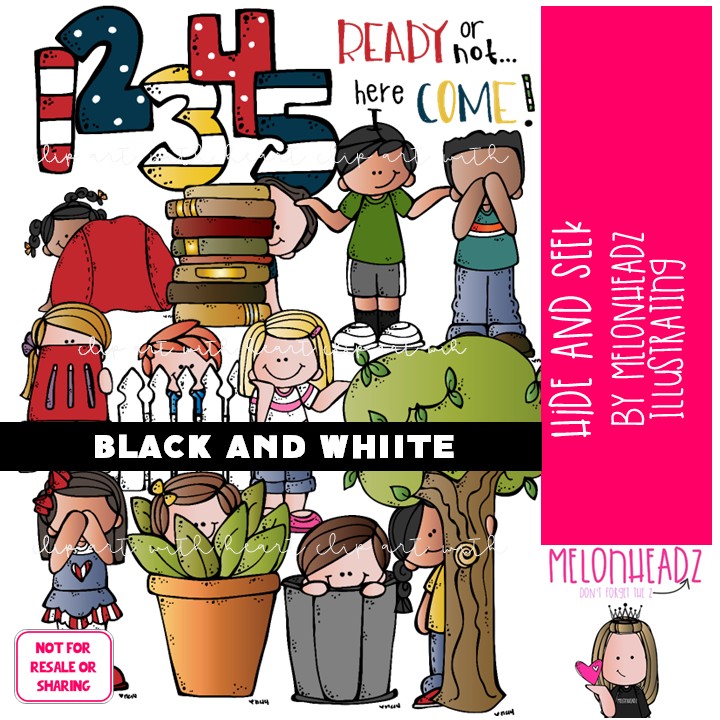 Hide and Seek clip art, play, counting BLACK AND WHITE