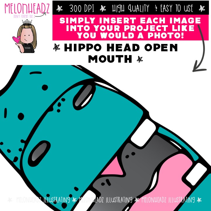 Hippo Head clip art, Open Mouth, multicolored, mix & match Single Image - Image 3
